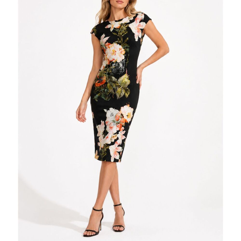 Ted Baker Candiss Midi Dress Women's Size 0 Floral Stretch Back Zip Evening Wear